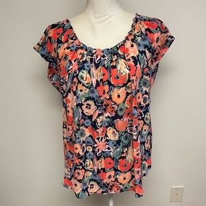 LC Lauren Conrad Navy Floral Scoop Neck Blouse